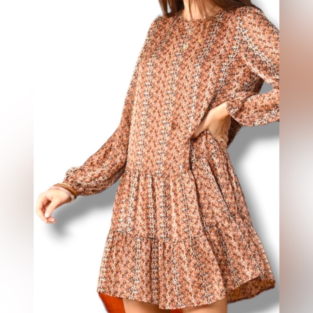 MOLLY BRACKEN long sleeve geometric mini dress w/copper metallic thread Size Sm